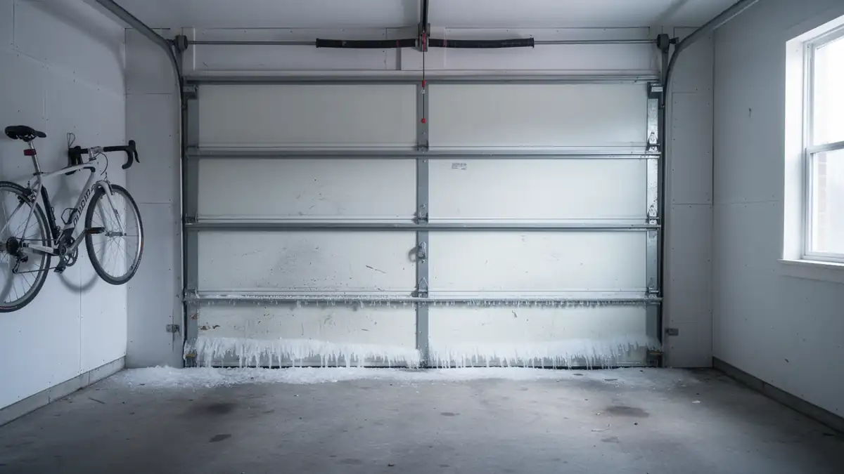 A white garage door with ice and icicles at the bottom.
