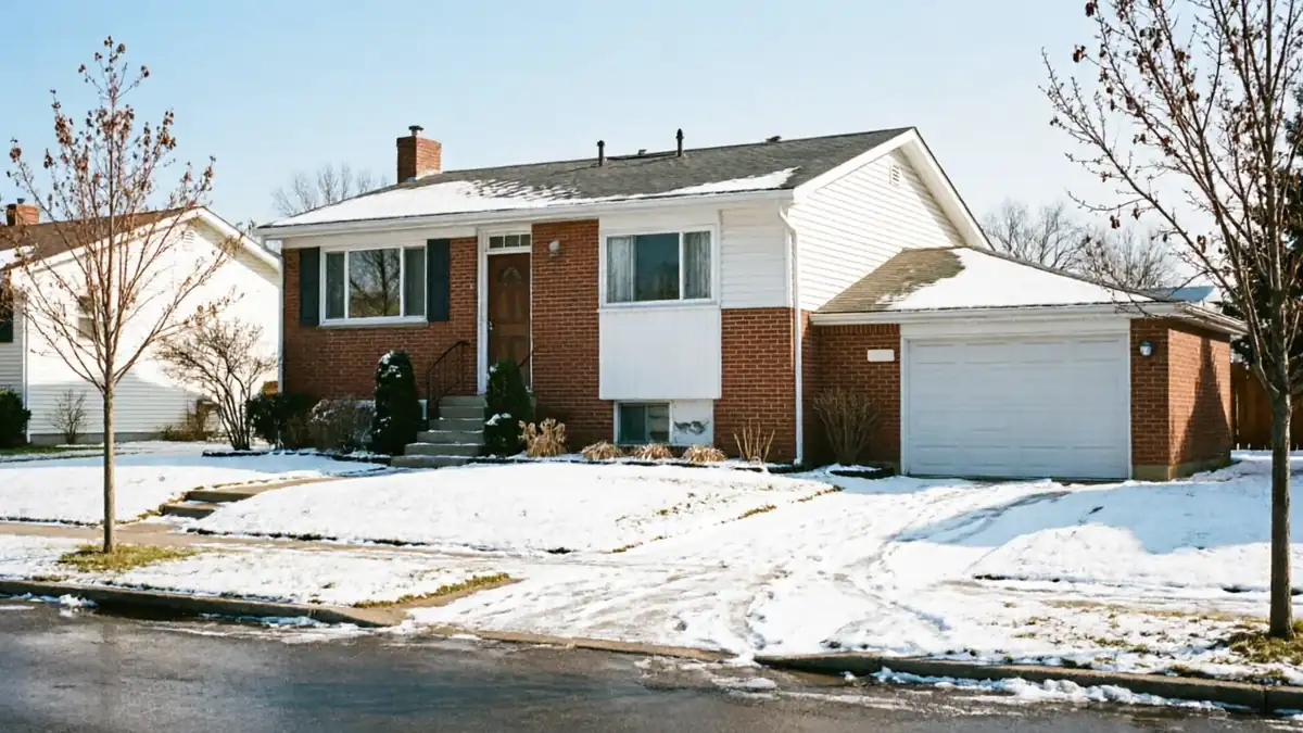 A brick house with a white garage door and snow on the ground.
