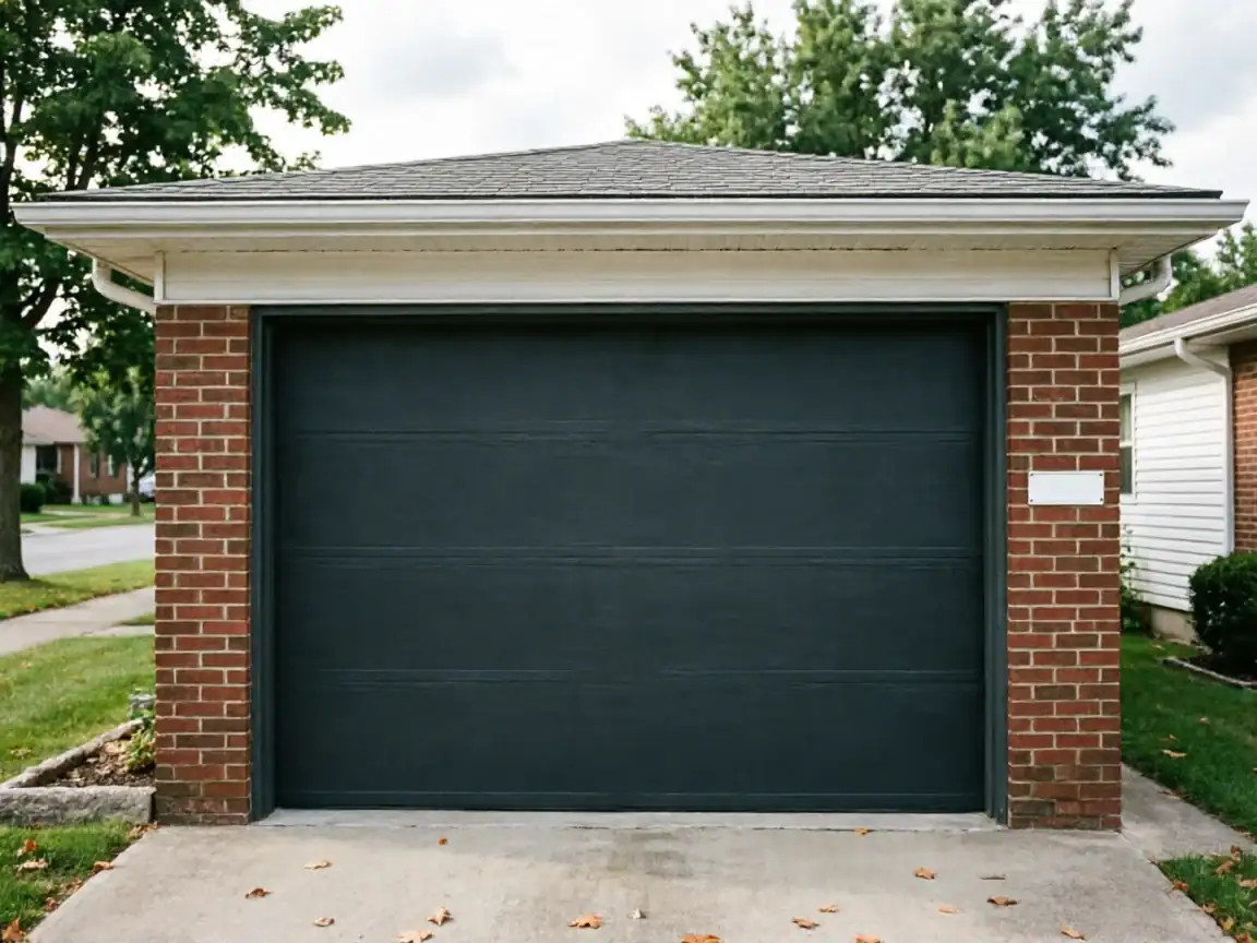 A dark gray garage door is set in a brick garage.
