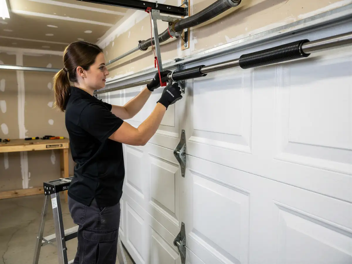 A technician adjusts a garage door torsion spring above a white garage door.